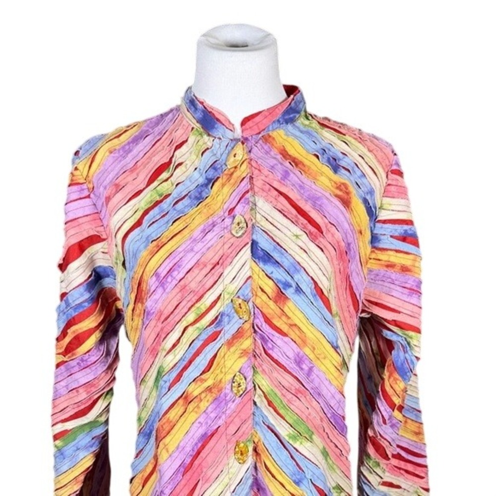 New Direction Women Medium Cotton Art to Wear Rainbow Stripe Button Front Jacket